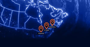 Canada's map with three cities highlighted - Ottawa, Montreal and Toronto
